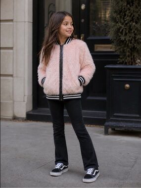 EUC SMENA Pink Furry Bomber Jacket with Stripe Trim 140 10 Janie and Jack